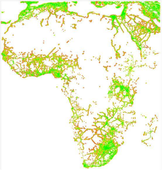 Green, yellow, orange and red denote varying levels of estimated coverage. Uncolored background space (white space in this picture) denotes no coverage.